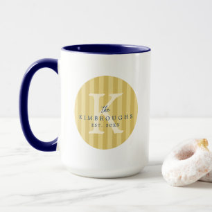 Mug Cercle rayé bleu jaune Monogramme de famille perso