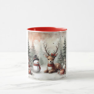 Mug Cerf de Noël/bonhomme de neige en bois classique