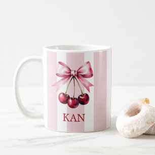 Mug Cerises à ruban rose monogramme esthétique Coquett