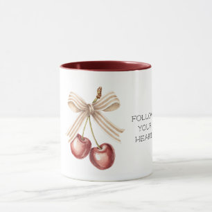 Mug Cerises Rouges avec Ruban à Rayures Blanches Crème