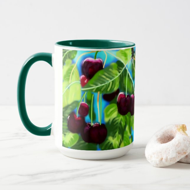 Mug Cerises suspendues des branches Cerise Rouge Vert (Avec donut)