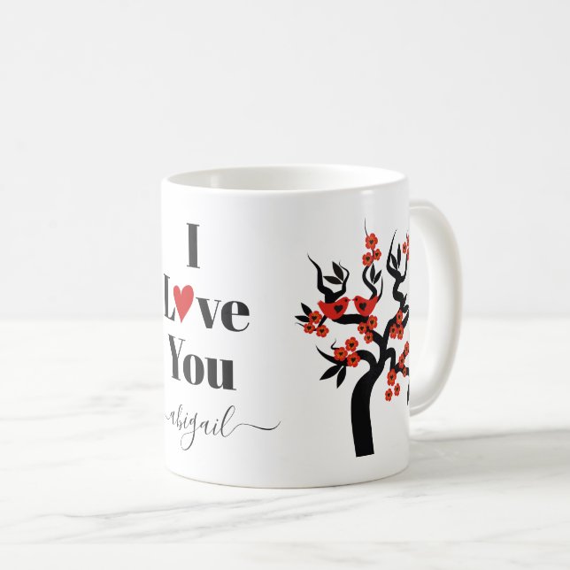 Mug Cerisier sakura Inséparable rouge et fleurs (Devant droit)