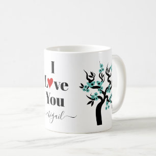 Mug Cerisier sakura turquoise Inséparable et fleurs