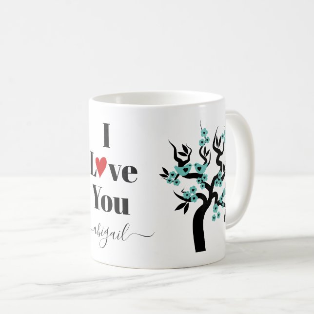 Mug Cerisier sakura turquoise Inséparable et fleurs (Devant droit)