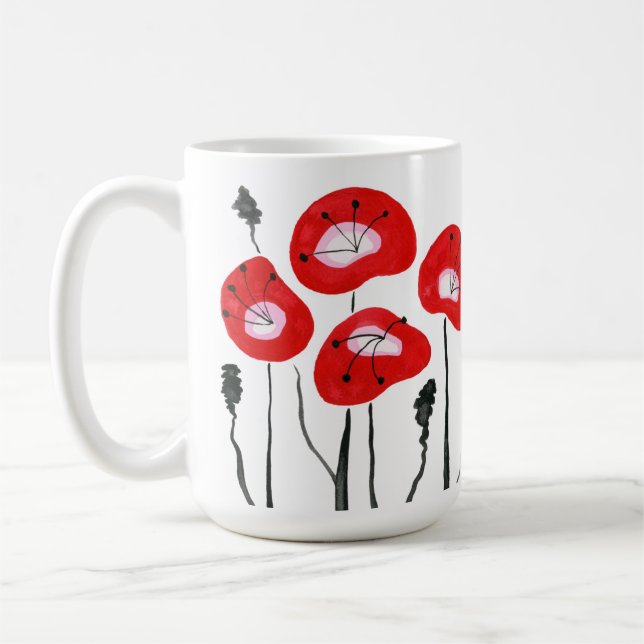 Mug Champ rouge moderne de pavots Cadeau floral Abstra (Gauche)