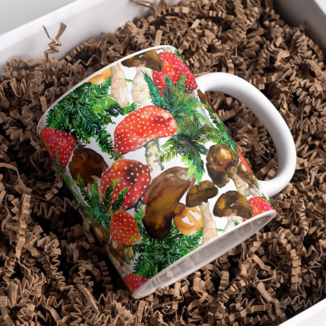 Mug Champignons d'aquarelle et motif de fougères verte (Créateur téléchargé)