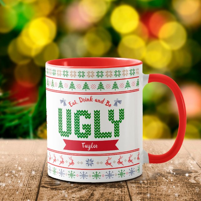 Mug Chandail de Noël moche Nordic Red Green Knit Nom (Créateur téléchargé)
