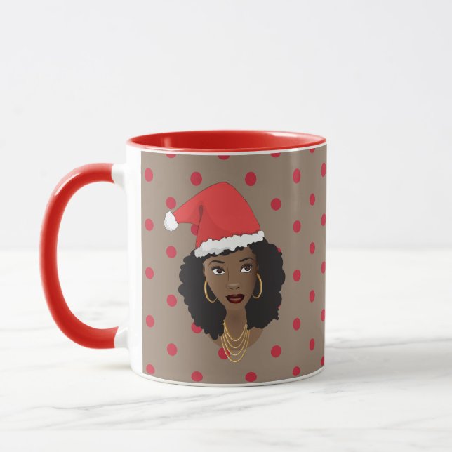 Mug Chapeau de Noël, Femme noire, Points rouges, Brown (Gauche)
