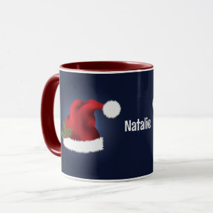 Mug Chapeau de Santa Festif Rouge sur Fond Bleu avec N