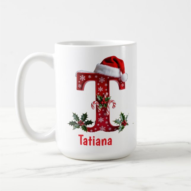 Mug Chapeau du Père Noël Monogramme initiale T joyeux  (Gauche)