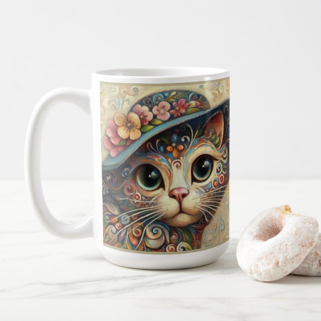 Mug Chat Abstrait à chaton en fleurs avec Casquette (Avec donut)