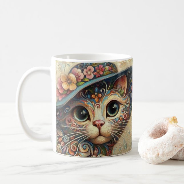 Mug Chat Abstrait à chaton en fleurs avec Casquette (Avec donut)