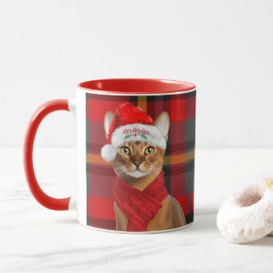 Mug Chat abyssin amateur de carreaux rouges Noël