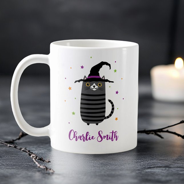 Mug Chat avec casquette sorcier et nom mignon Hallowee (Cat with witch hat and name cute Halloween Coffee Mug)