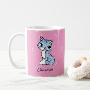 Mug Chat bleu mignon sur nom personnalisé rose