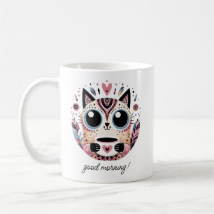 Mug Chat Boho mignon avec coeur   Bonjour   Pastel