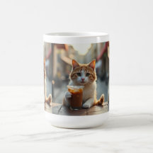 Chat buvant du café dans une rue