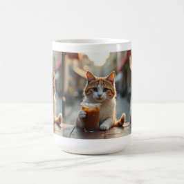 Mug Chat buvant du café dans une rue