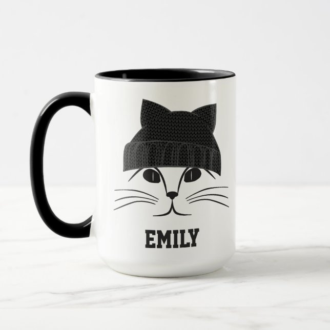Mug Chat cool en Casquette de laine Personnalisé (Gauche)
