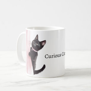 Mug Chat curieux au rideau rose