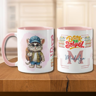 Mug Chat de rentrée scolaire portant un sac à dos pers