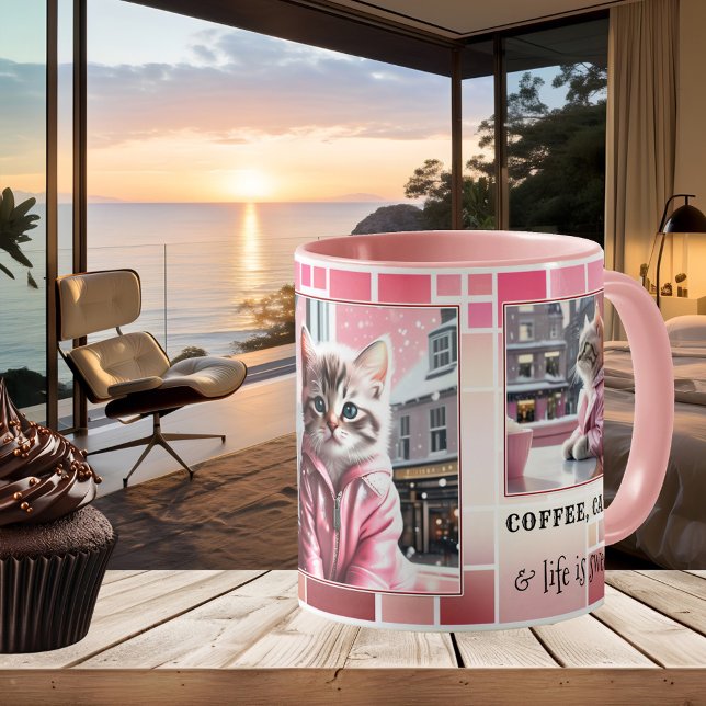 Mug Chat drôle rose doux (Funny cat mug featuring your photos (optional) framed by a checkered design in sweet pink )