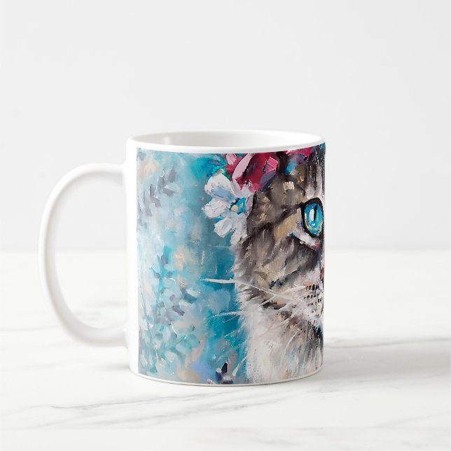 Mug Chat en fleur de couronne d'huile peinture sur toi (Gauche)