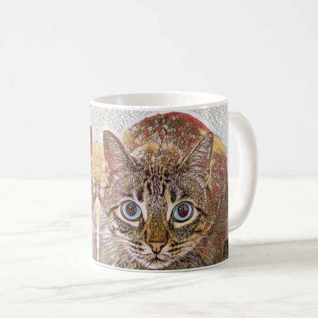 Mug chat en vitrail regardant les yeux bleus (Devant droit)