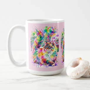 Mug Chat Fluffy Aquarelle Arc-en-Ciel Fantaisiste en H