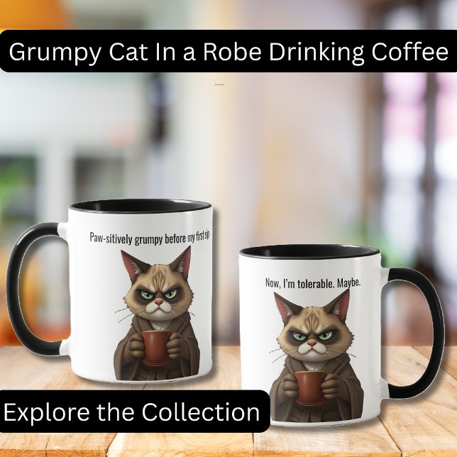 Mug Chat grincheux amusant dans une robe et un café (Funny Grumpy Cat in a Robe with Coffee.  Perfect gifts, Cat lovers, Coffee Lovers)