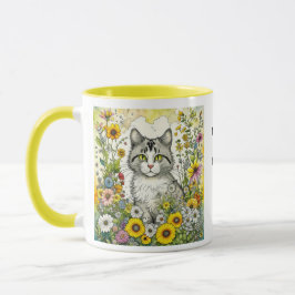 Mug Chat kitty gris et blanc assis en fleurs