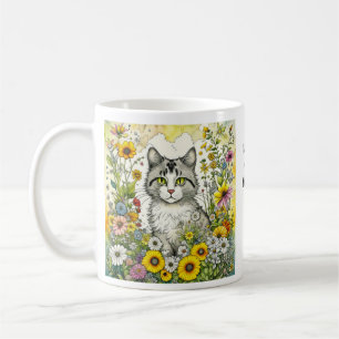 Mug Chat kitty gris et blanc assis en fleurs