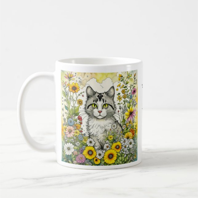 Mug Chat kitty gris et blanc assis en fleurs (Gauche)