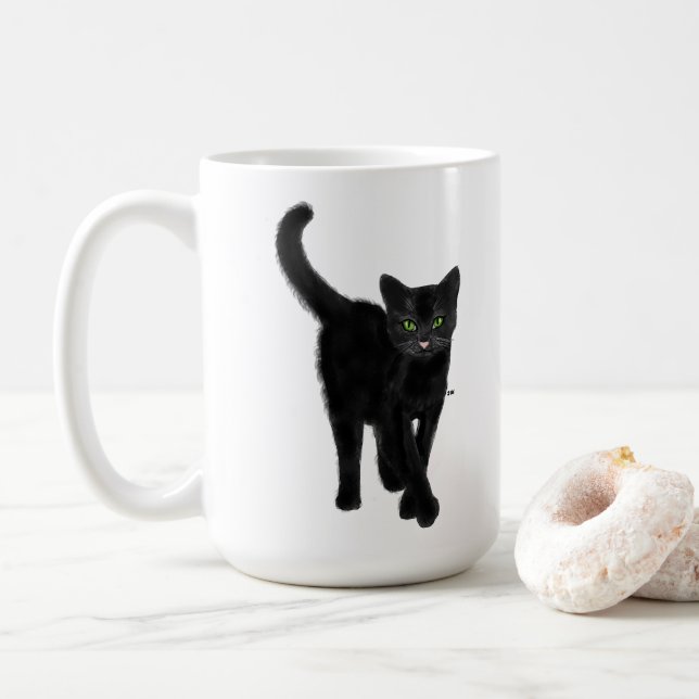 Mug Chat noir aux yeux verts mignon Citation (Avec donut)