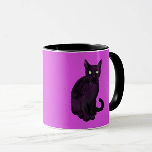 Mug Chat noir avec muqueuse arrière - plan fuchsia (Devant droit)