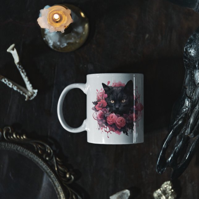 Mug Chat noir d'Halloween floral (HALLOWEEN PINK BLACK CAT MUG)