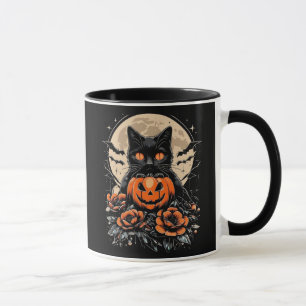 Mug Chat noir d'Halloween, Lune et Citrouille