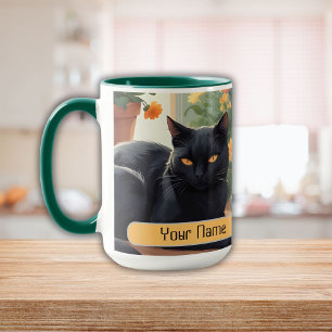 Mug Chat noir personnalisé avec fleurs en pot