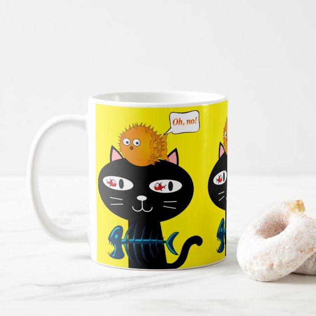 Mug Chat noir Poissons Musique jaune (Avec donut)