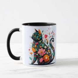 Mug Chat noir silhouette faite de fleurs colorées