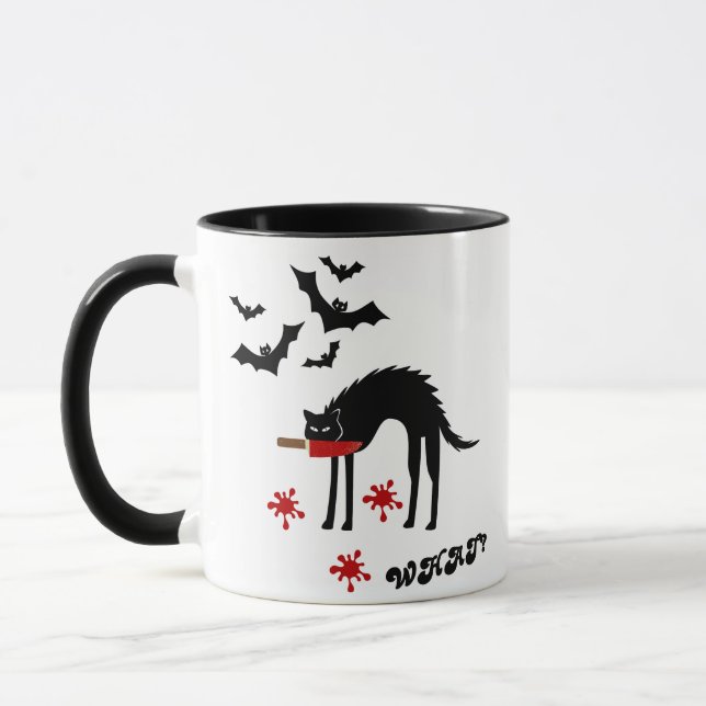 Mug Chat Quoi ? Chat noir meurtrier avec couteau (Gauche)