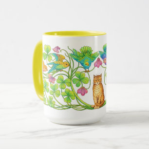 Mug Chat rétro de l'ère victorienne, trèfle et oiseaux