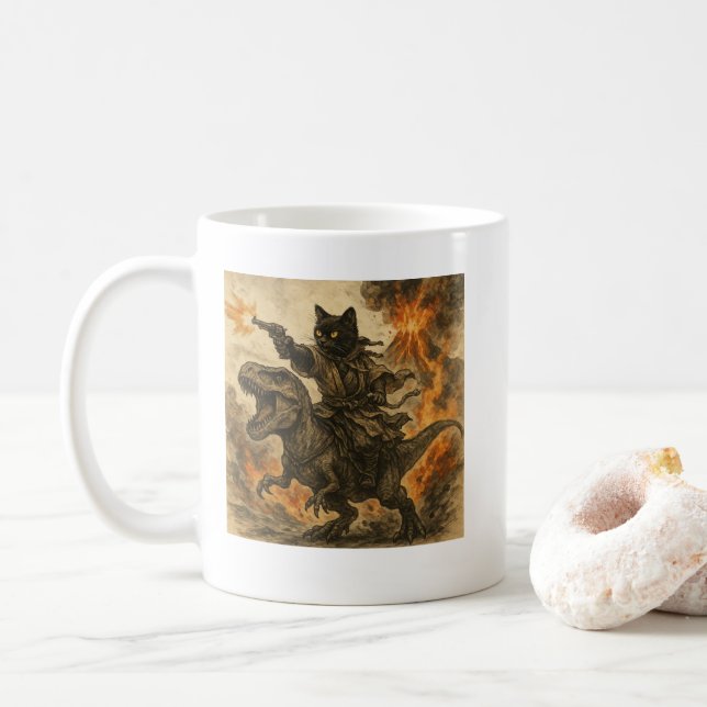 Mug Chat Samouraï chevauchant un dinosaure lors d'une  (Avec donut)