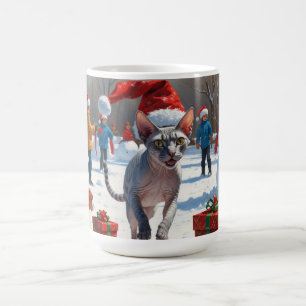 Mug Chat Sphynx courant dans la neige avec un chapeau 