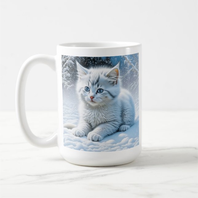 Mug Chaton blanc Fluffy personnalisé en neige (Gauche)