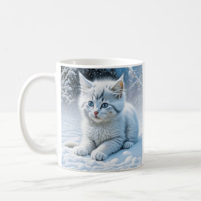 Mug Chaton blanc Fluffy personnalisé en neige (Gauche)
