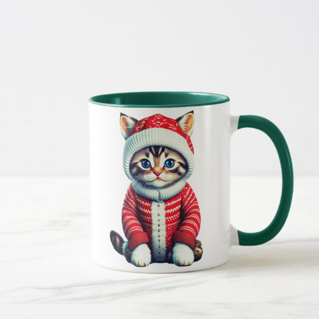 Mug Chaton dans un pull de Noël rouge et blanc (Droite)
