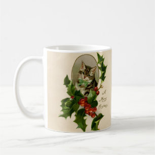 Mug Chaton de Noël victorien au milieu du houx antique