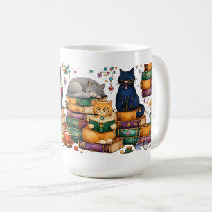 Mug Chats lisant des livres Scène de bibliothèque cosy