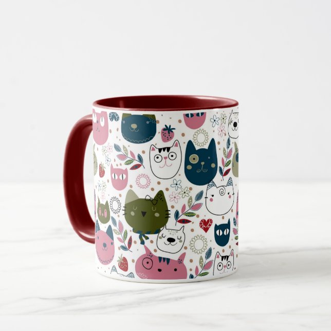 Mug Chats visage vert chaud muet turquoise rose motif (Devant gauche)